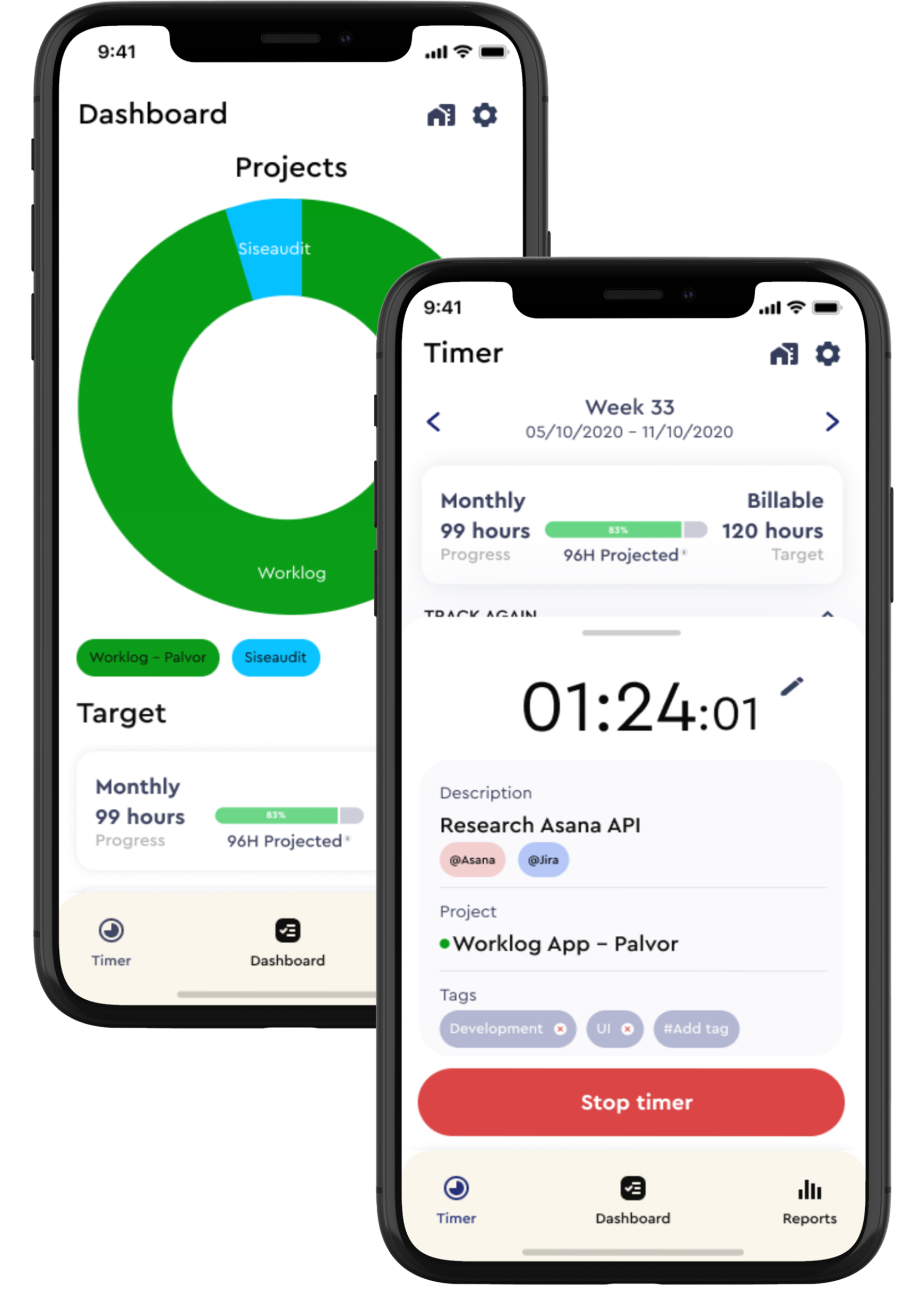 Worklog personal dashboard and timer screens